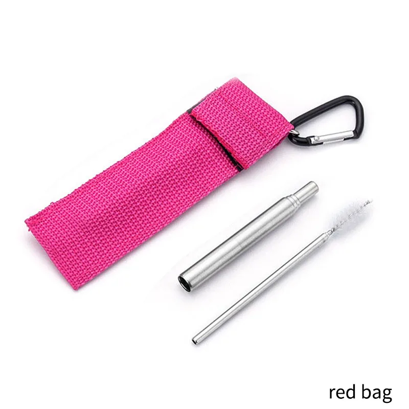 Портативная телескопическая Питьевая соломинка для путешествий многоразовая складная металлическая Питьевая соломинка и щетка - Цвет: red bag