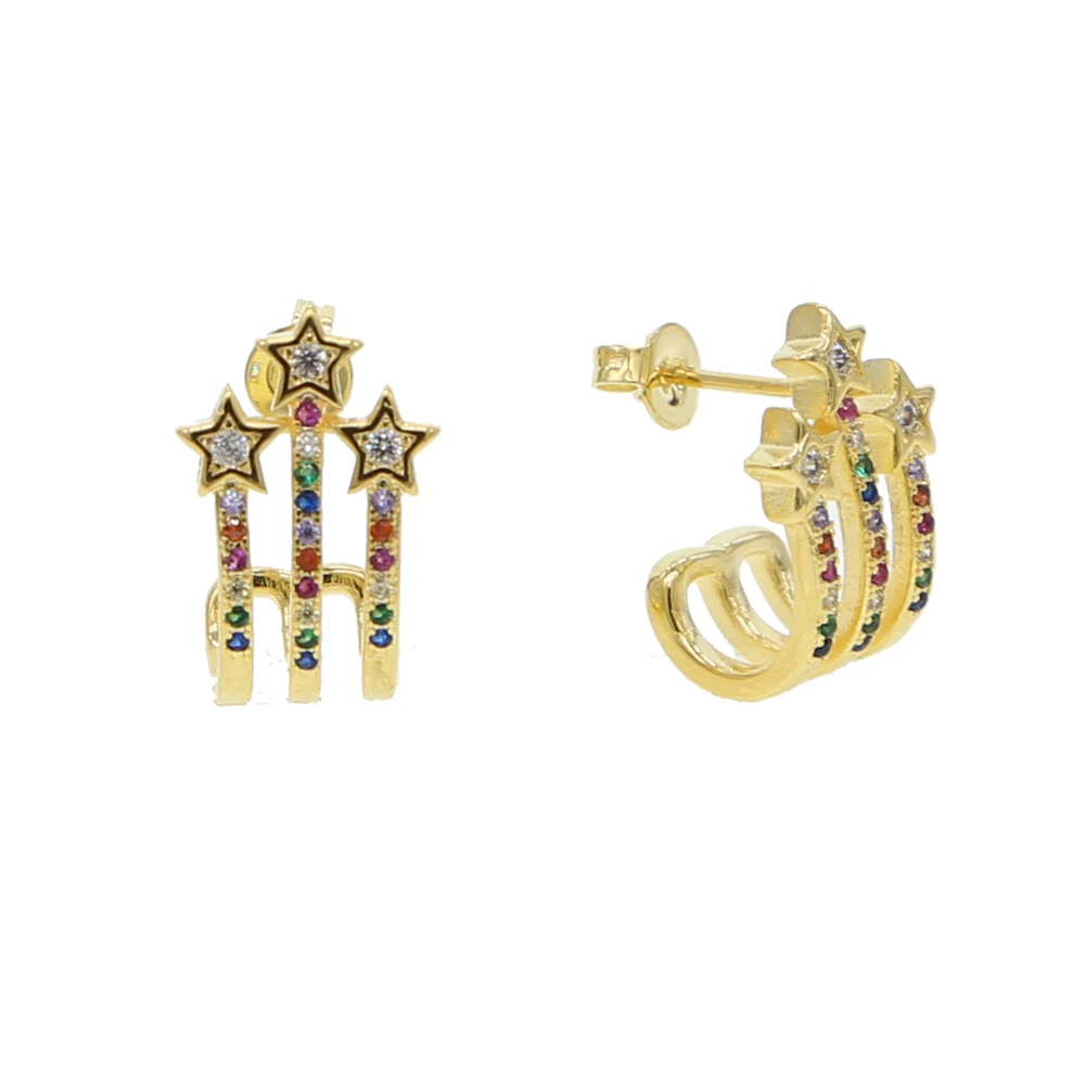 

New rainbow colorful cubic zirconia multi color cz paved cute lovely line bar with star studl minimal earring for girl