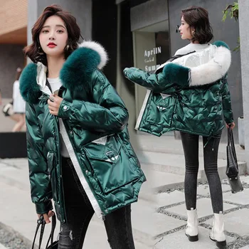 

Winter Plus Size Thicken Big fur collar Hooded Glossy Down Cotton padded Jacket Women soft Plus Plush Short Female Parka Outwear