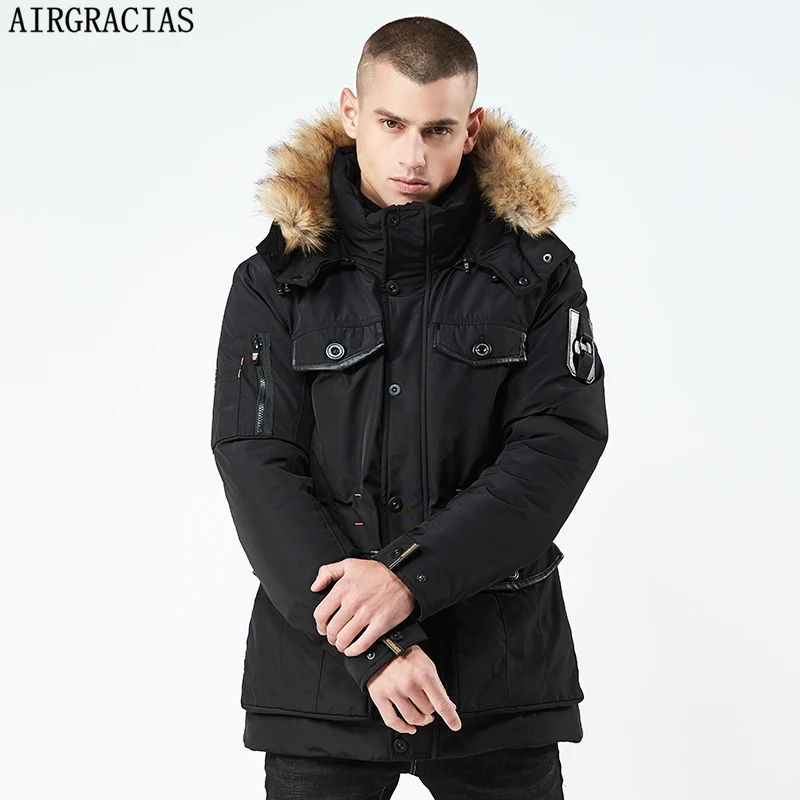 AIRGRACIAS, Мужская брендовая зимняя длинная куртка с меховым воротником, толстые хлопковые парки, Мужское пальто с капюшоном и карманами, верхняя одежда, водонепроницаемые куртки для мужчин