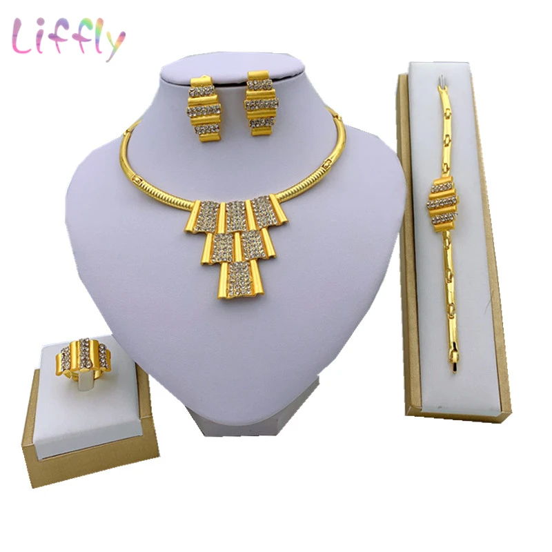 Liffly Классические Золотые Ювелирные наборы из Дубая свадебное ожерелье с