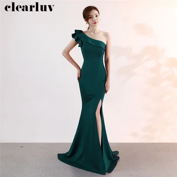 

Evening Gowns Sexy High Side Split Party Gown DX325-2 2020 New Green Plus Size Robe De Soiree Ruffles One-Shoulder Mermaid Dress