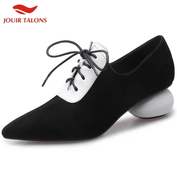 

Jouir Talons Trendy Brand Design Shoelace Pointed Toe Kid Suede Leather Round Heels Pumps Woman Shoes Women