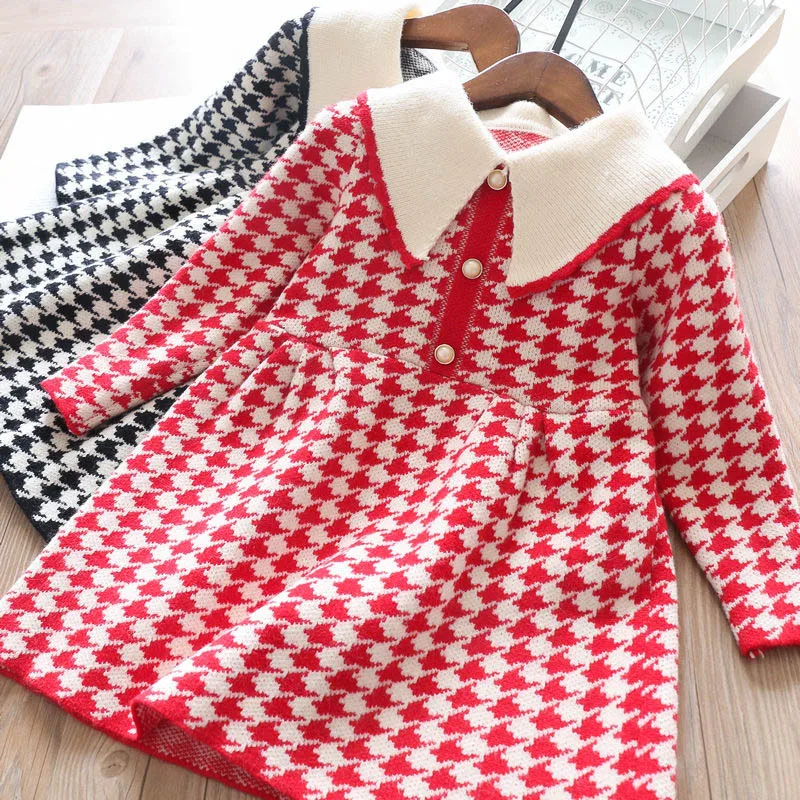 Детское клетчатое платье в стиле ретро; модное вязаное платье в западном стиле; цвет красный, черный; осеннее платье принцессы с рюшами; милые платья-свитера для девочек