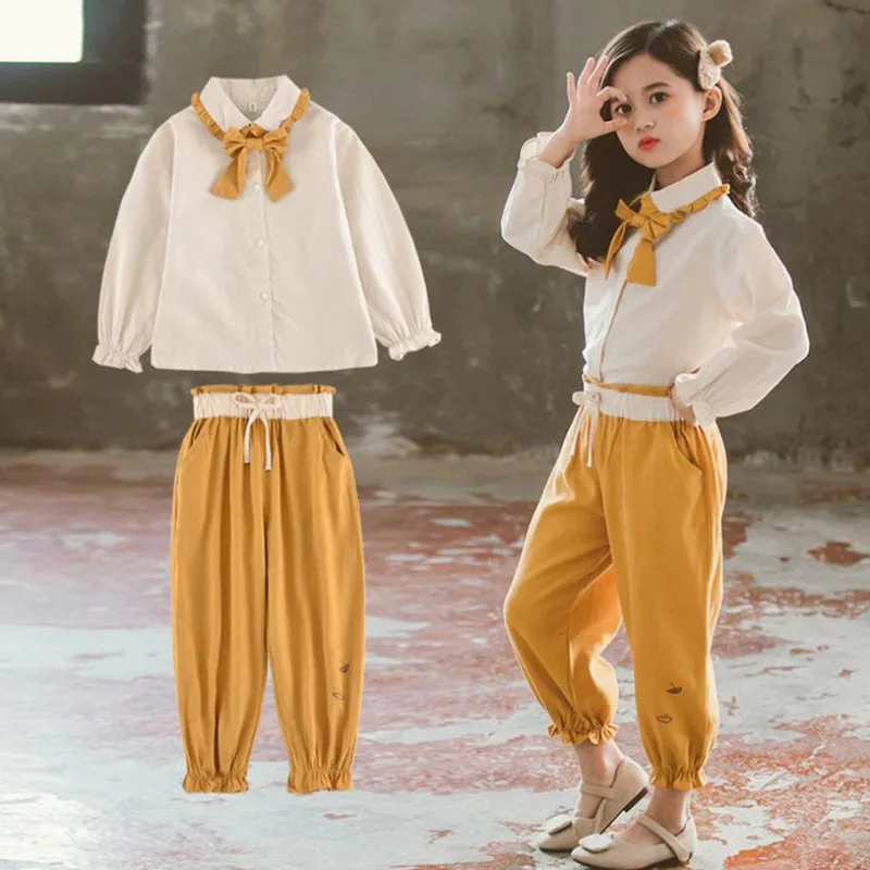 

DFXD Korean Big Girl Clothes Set 2PC Spring Outfits New Cotton Full Sleeve Bow Collar Shirt Long Pant Princess Costume 3-12Years
