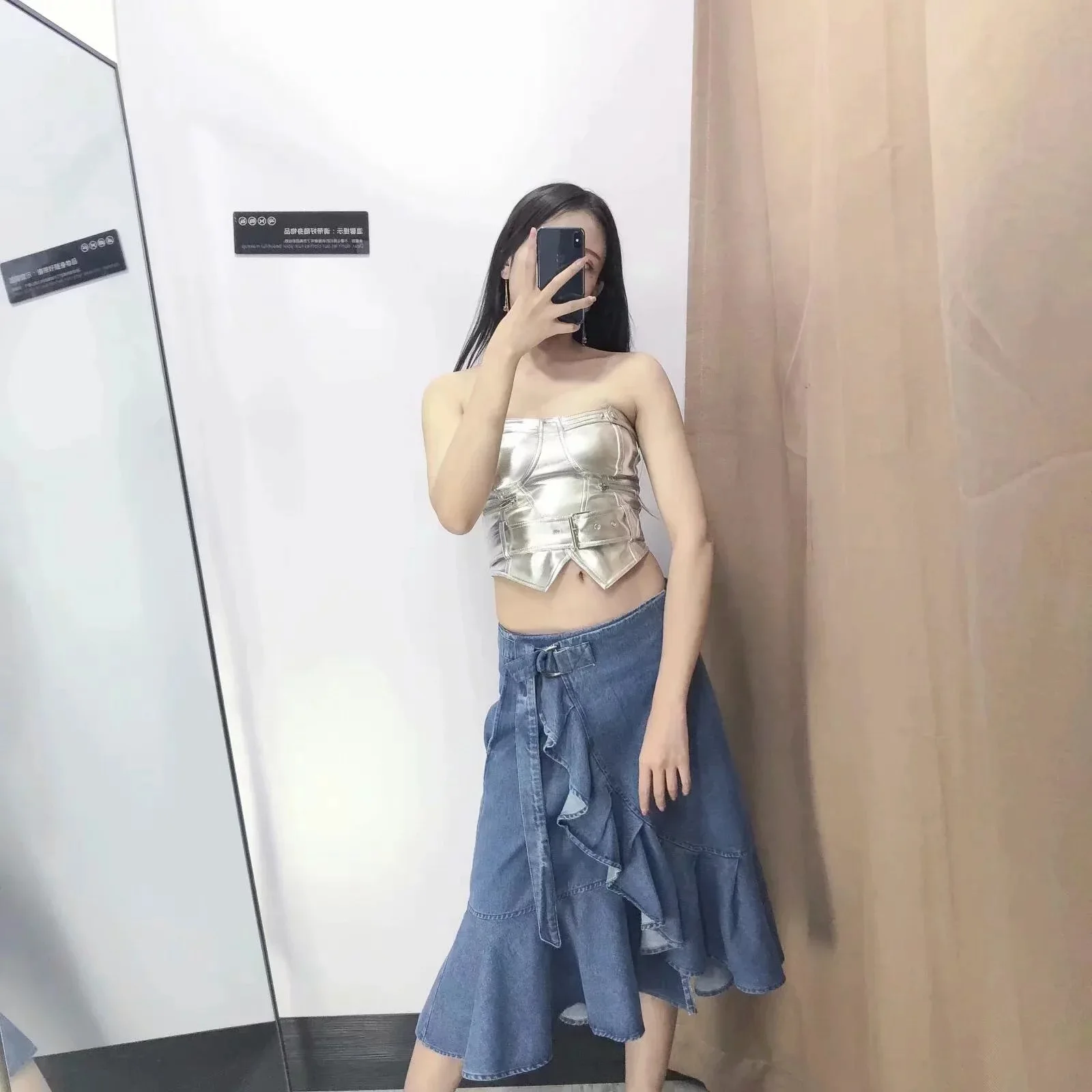 

Japanese Style Korean-style 19 Summer New Style Sweet Solid Color Slim Fit Slimming High-waisted Flounced Irregular Denim Skirt