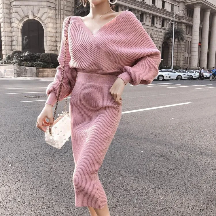 

Two Piece Women Knitted Dress Set Off Shoulder Sweater And Pencil Skirts Suit Elegant Party Sweater Dresses