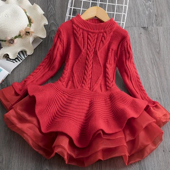

Red Tutu Girls Dress Long sleeve Knit Girls Dresses Winter Autumn Tulle Casual Kids Dresses 2-8 Yrs Girls Christmas Dress Party