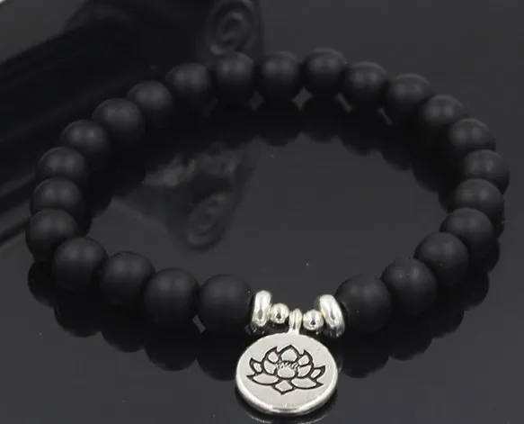 8Mm Hg3 Elastic Adjusted Nature Stone Frosted Agate Onyx Black Volcanic Lava Turquoise Lotus Life Tree Buddha Bracelet