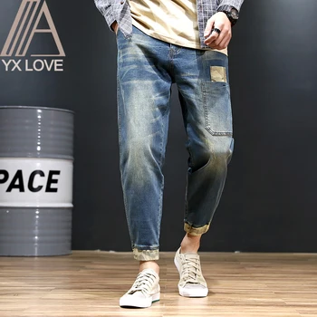 

New Men Jeans Pencil Pants 28-48 Large Size Loose High Elastic Comfortable Ankle-Length Trousers Causal Daily Moto Biker Clothes
