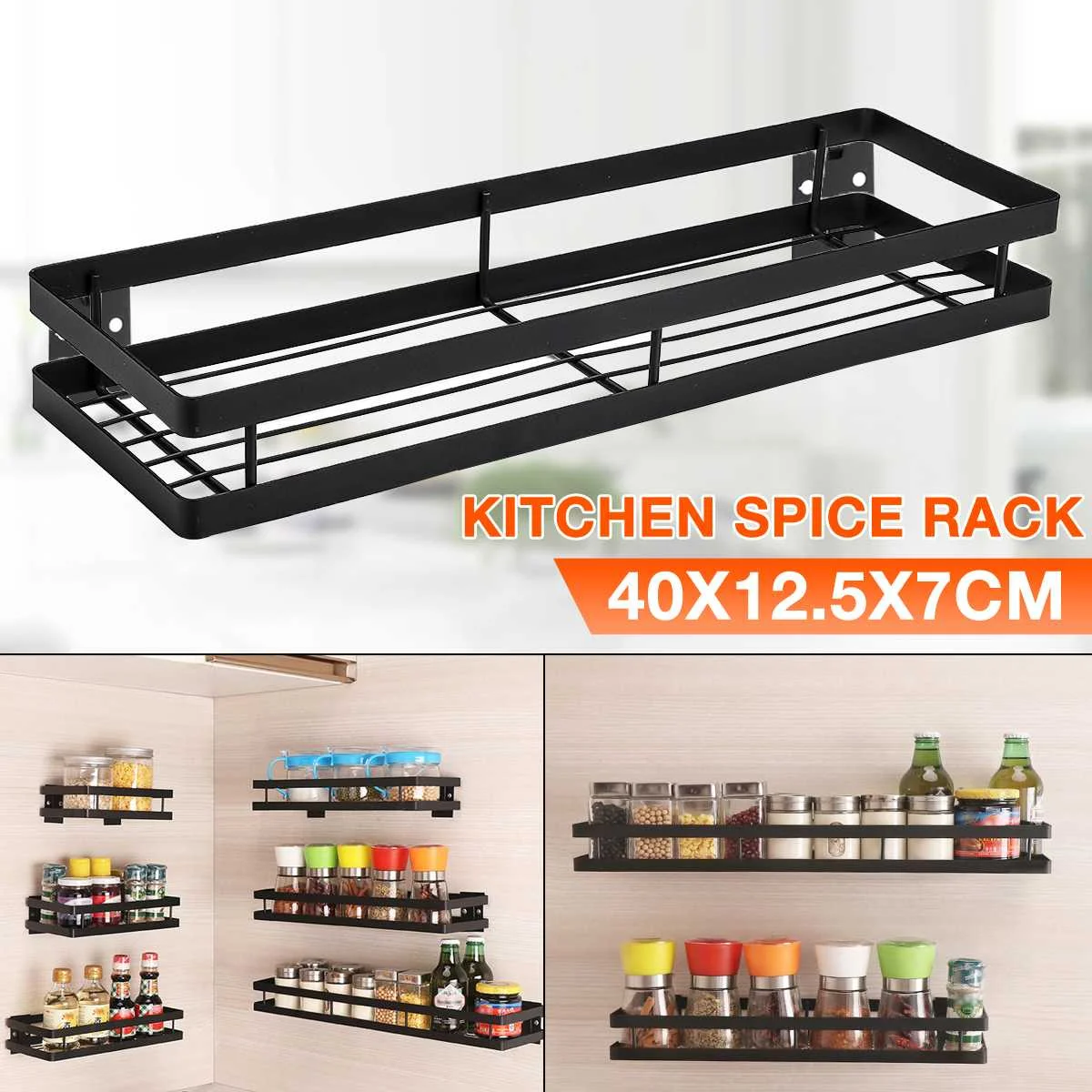 Tiers Kitchen Bathroom Door Wall Mount Storage Shelf Black Painted