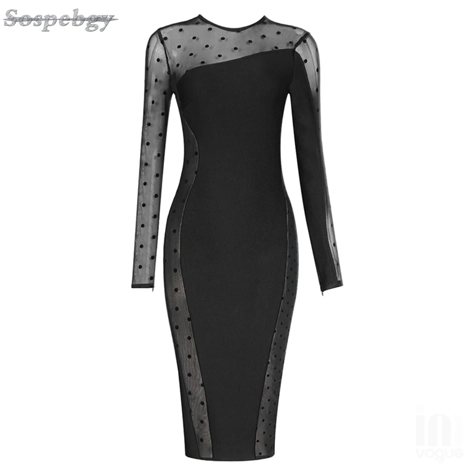 

Autumn New Women's Long Sleeve O-Neck Bodycon Bandage Dress Black Lace Polka Dot Sexy Celebrity Club Party Dress 2021
