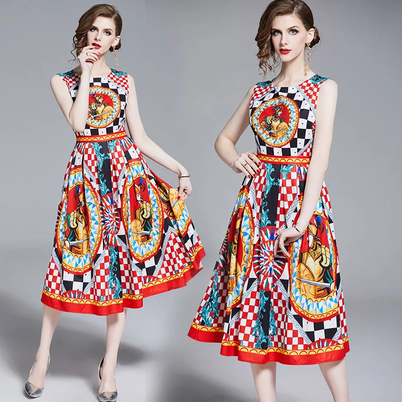 

2019 Spring And Summer New Style Europe And America WOMEN'S Dress Crew Neck Tank Dress Diamond Set Beads Printed Big Hemline Wai