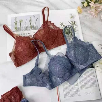 

High-End Retro Lace Underwear Non-Steel Ring Thick Small Bust Gathering Adjustable Comfortable Bra Set
