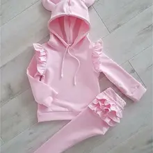 Г., брендовая Милая рубашка с длинными рукавами для новорожденных девочек топ с капюшоном и объемными ушками, штаны с оборками, комплект одежды, Осенний однотонный комплект из 2 предметов