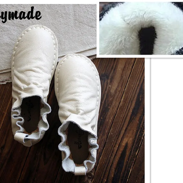 Careaymade-Spring Genuine leather shoes,Pure handmade boots,The retro art mori girl shoes, Literature Fold surface boots Beige Fur