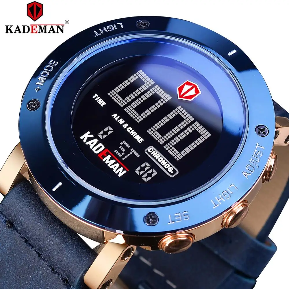 

KADEMAN Fashion Mens Watch Digital Wristwatch Genuine Leather Strap Waterproof LED Display Date Calendar Causal Alarm Man Clock