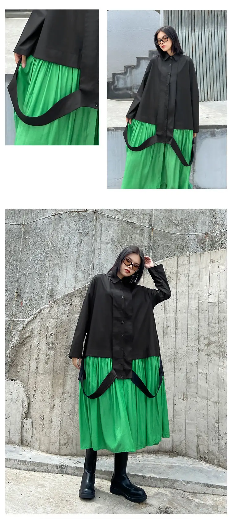 XITAO Patchwork Dress Fashion New Women Single Breast Patchwork Plated Hem 2020 Autumn Minority Casual Style Loose Dress ZP3457
