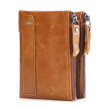 

2020 RFID Men Wallet Genuine Leather Short Coin Purse Women Oil Wax Leather Double Zipper Wallet New Credit Card ID Card Holder