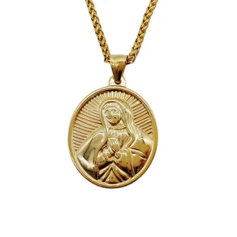 New Gold color oval virgin Mary pendant necklace Stainless steel religious Christian fashion Virgin mary necklace CARA0557