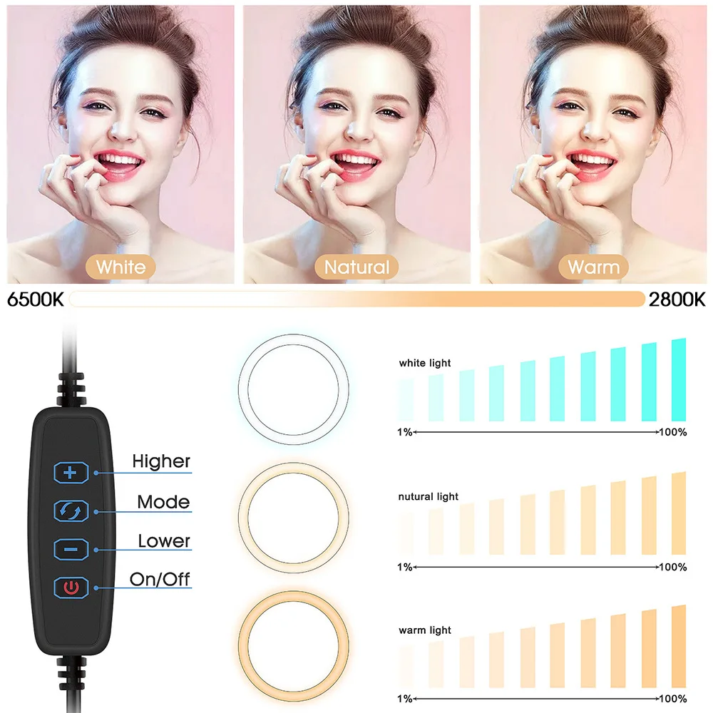 10 13 인치 LED 셀피 링라이트 삼각대 포함, 사진 조명, 틱톡 유튜브 비디오용 라운드 플래시 링램프 링라이트