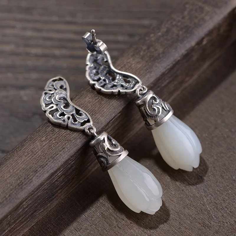 FNJ Flower Jade Earrings 925 Silver Original Pure S925 Sterling Silver Drop Earring for Women Jewelry