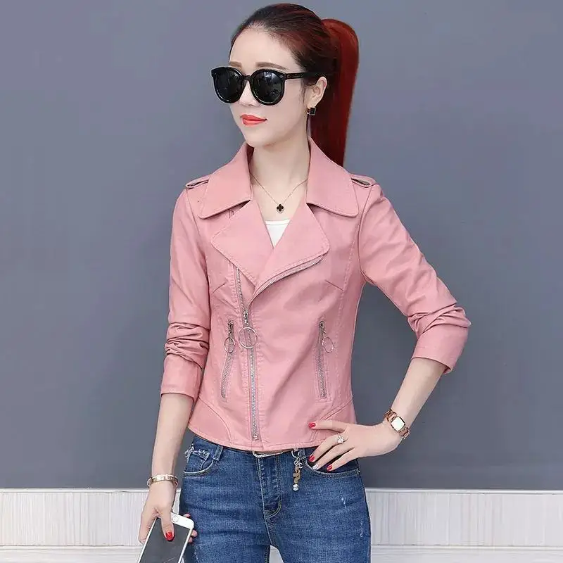 pink Новинка, женские куртки из мягкой искусственной кожи на осень и зиму, женские облегающие короткие пальто из искусственной кожи, Байкерская верхняя одежда, Casaco Mujer K226 - Цвет: pink