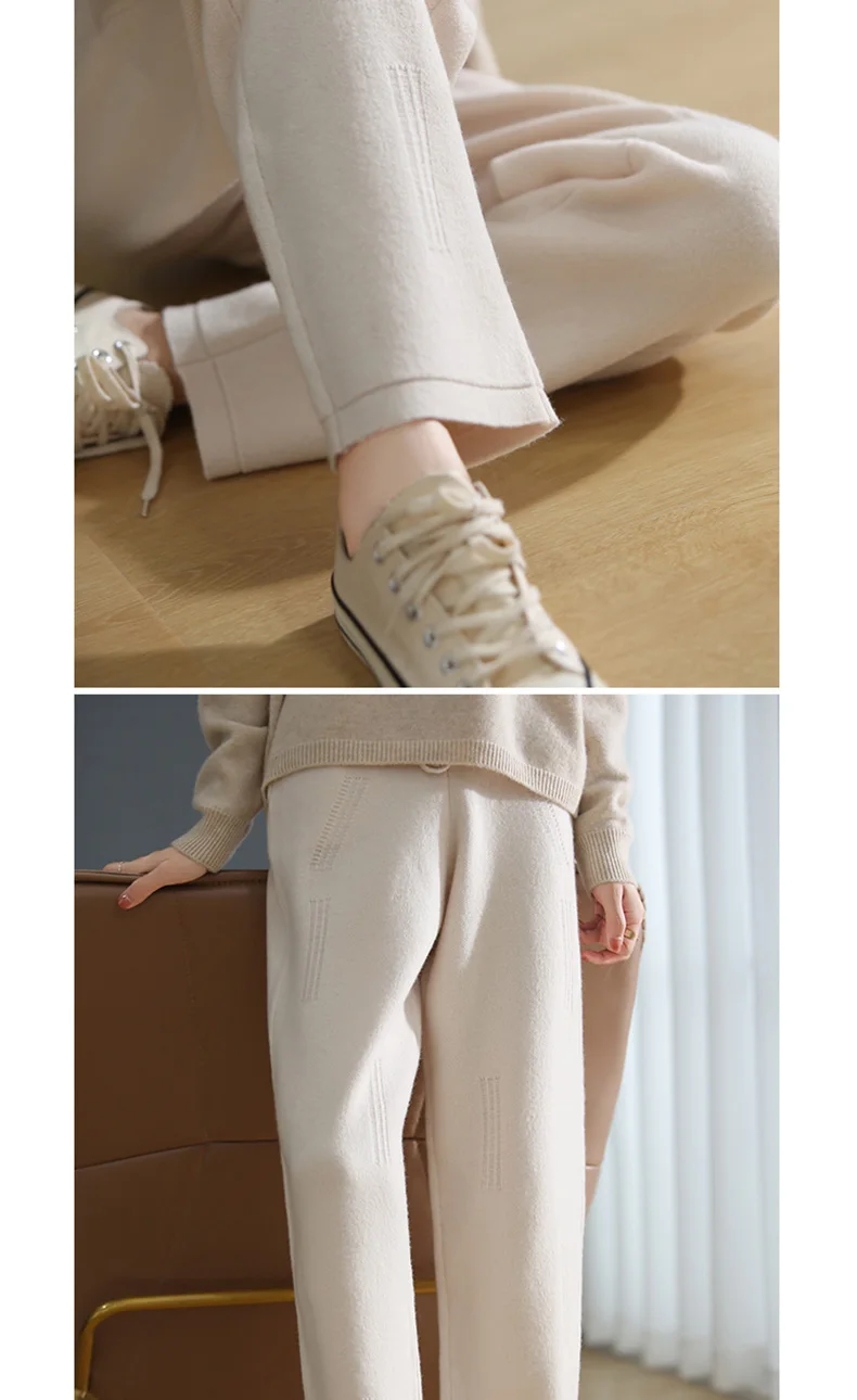 black pants Autumn And Winter 100 Pure Wool Casual Women's Knit Straight Leg Slimming Sweatpants Drawstring To Keep Warm And Fashionable capris women