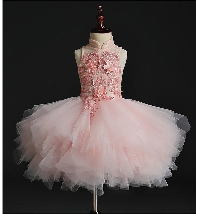 Pink Lace Baby Girl Dresses Appliques Infant Baptism Gown Layered Tulle