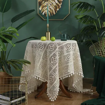 

American Pastoral Handmade Crochet Tassel Tablecloth, Geometric Rhombus Pure Cotton Hollow Fabric, Pure Color Home Decoration