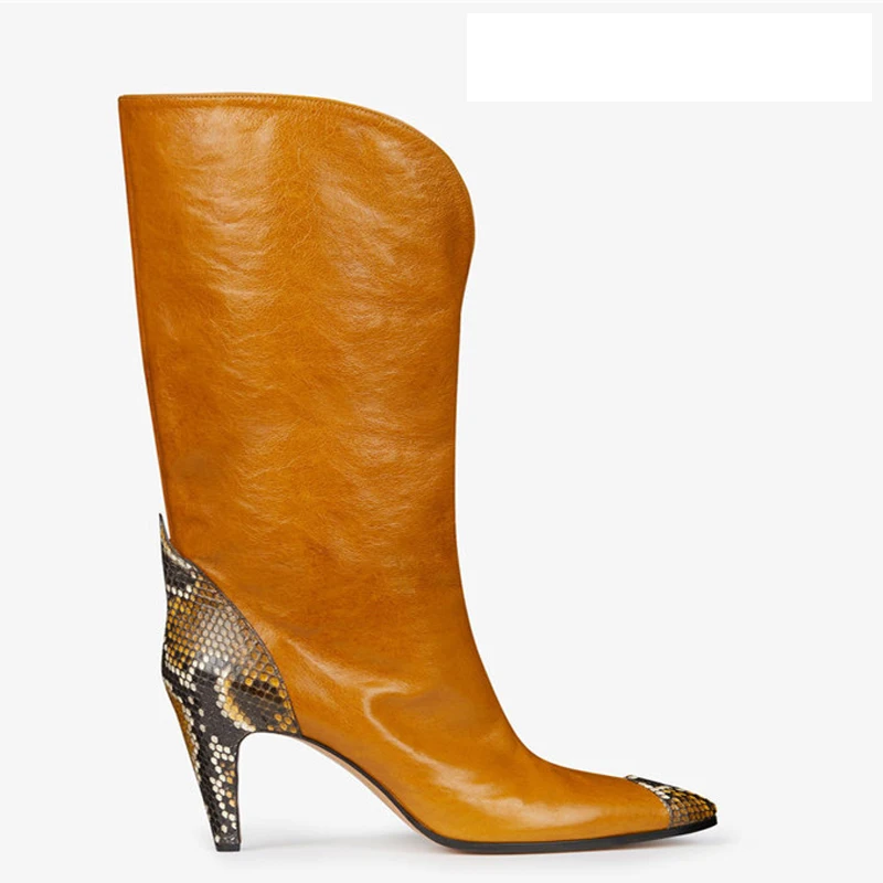 

YECHNE Spring Autumn Snakeskin Women's Cowboy Boots Knee High Boot Woman Shoes Fashion Sexy Mid-calf Cowboy Boots Pointed Toe