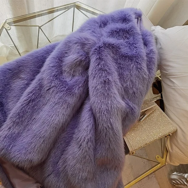 Women Purple Shaggy Faux Fox Fur Long Sleeve Jacket Coat