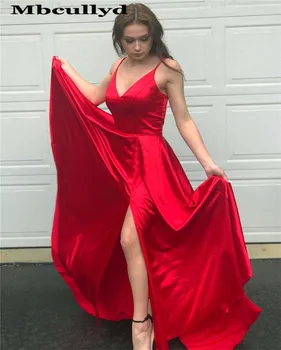 

Mbcullyd Gorgeous V-neck Red Prom Dresses With Split 2020 Sexy Backless Evening Dress For Women vestidos de fiesta de noche