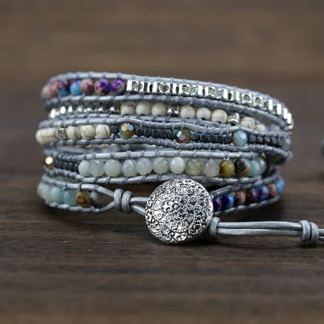 New unique mixed natural stones charm 5 strands wrap bracelets for women handmade boho bracelet leather bracelet gift jewelry