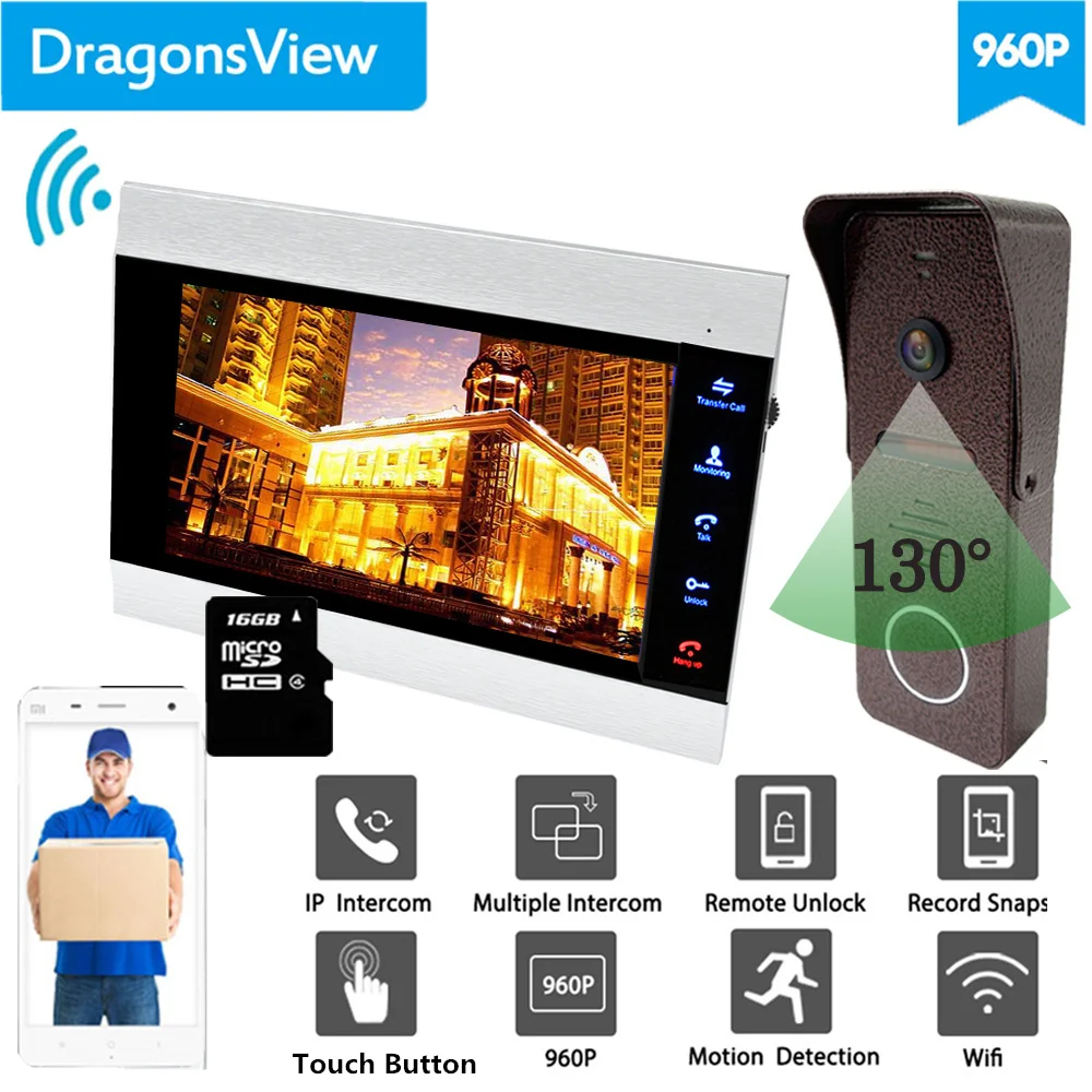 【960P широкоугольный 】Dragonsview видео-телефон двери 7 дюймов беспроводная домашняя система домофона Wifi монитор дверной Звонок камера разблокировка запись - Цвет: With 16GB SD Card