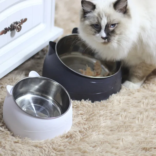 Cat Dog Bowl 15 Degrees Raised Stainless Steel Non Slip Puppy Base Cat Food Drinking Water Feeder Tilt Safeguard Neck Pet Bowl 2
