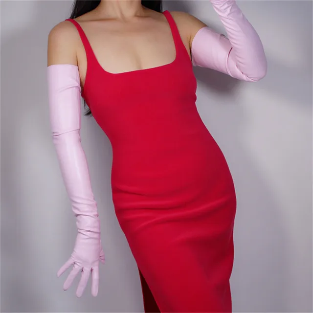 Newest Women PU Gloves Loose Long Faux Leather Glove 90cm Big Sleeve Amulation Sheepskin Light Pink Female WPU308 70cm