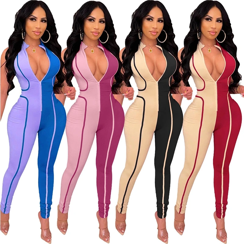 Women Fashion Patchwork Jumpsuit Summer Sleeveless Zipper Tight One Piece Overalls Sexy Skinny Rompers Nightclub Party Bodycon summer women s neck style backless slim patent cloth jumpsuit red zipper sleeveless artificial leather skin tight garment custom