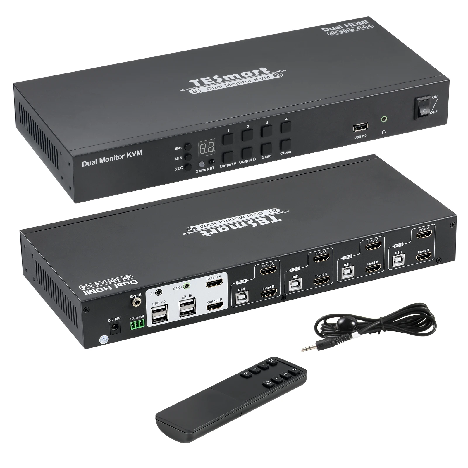 4k @ 60hz 4:4:4 4 pces 2 monitora os controles do switcher do kvm através do controle remoto do teclado/ir