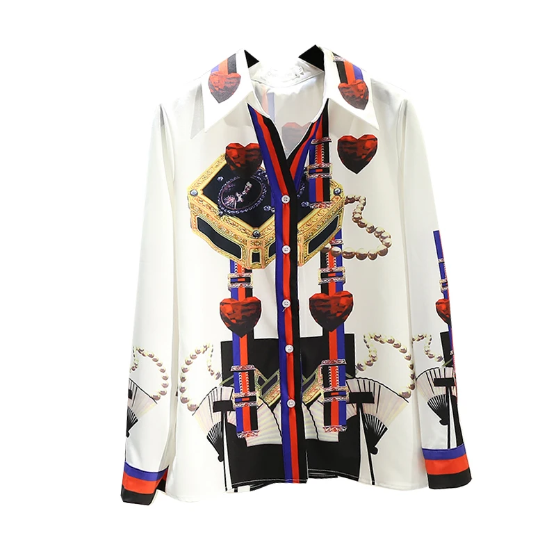 2022 Spring New Retro Print Blouse Women Lapel Shirt Woman Long Sleeve Shirt Tops Office Ladies All-match Blouuse Blusas Femme