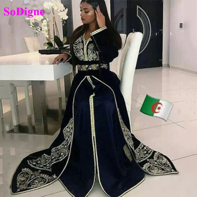 Luxury Moroccan Caftan Burgundy Evening Gown 2020 Long Sleeves Beading Embroidery A-Line VelVet Muslim Formal Evening Dress