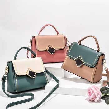 

2020 Fashion Trend Women Color Block Handbag Adjustable Strap Crossbody PU Leather Handle Messenger Shoulder Bag Tote Satchel
