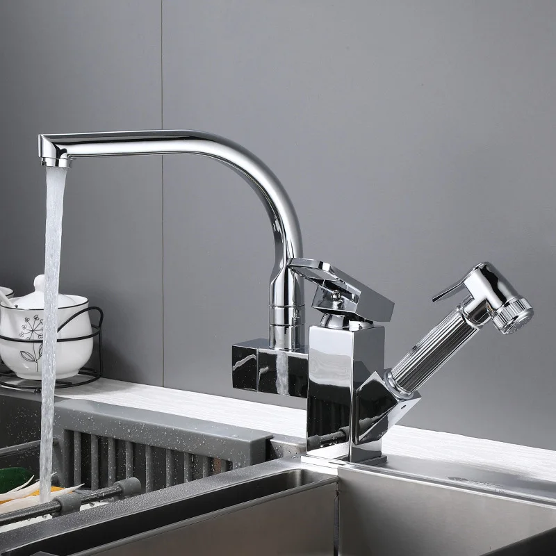 

SIANCO Rotatable Chrome/Black Pull Out Sprayer Dual Holder Dual Hole Mixer Tap Deck Mounted Kitchen Basin Sink Faucet