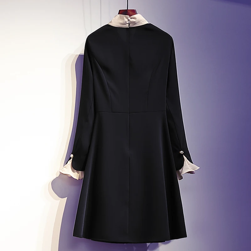 Najtaniej L 4XL Plus rozmiar kobiety elegancka sukienka trapezowa jesień 2019 modna kokardka kołnierz z długim rękawem perłowe guziki luźne sukienki damskie na co dzień