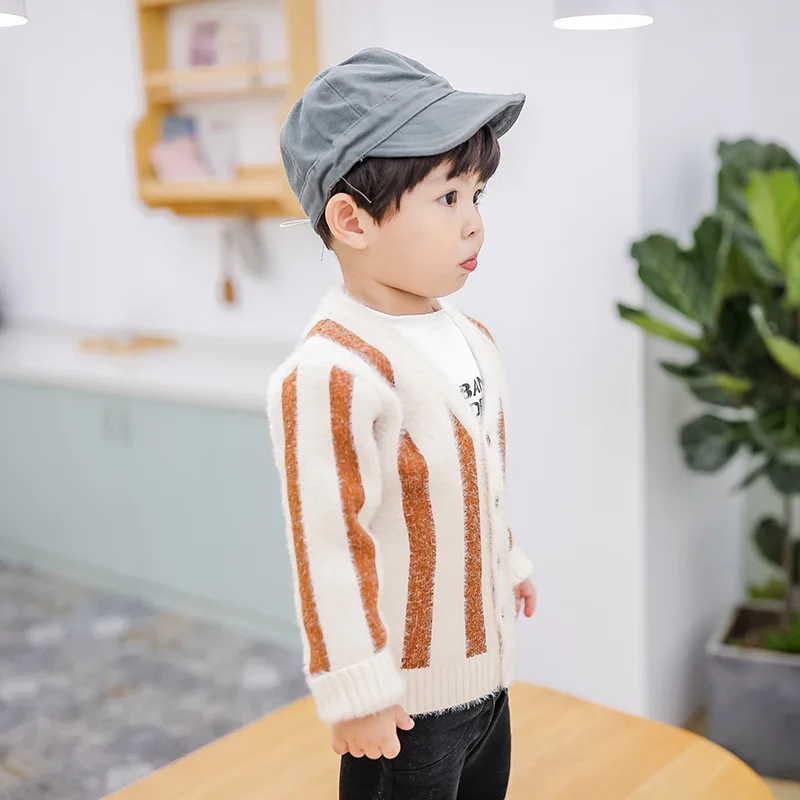 New Style Versatile Children Long Sleeve BOY'S Autumn Clothing Knitted Cardigan Children Stripes Mink Cashmere Sweater Fash