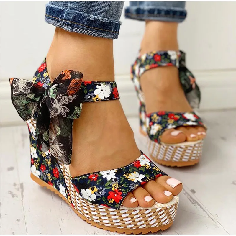 Women Platform High Heels Sandals Summer Beach Boho Floral Wedge Ankle Strap
