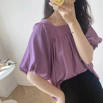 

Women 2020 Summer Retro Casual Slim Thin Girl Square Collar Tops Female Solid Lantern Sleeve French Loose Blouse