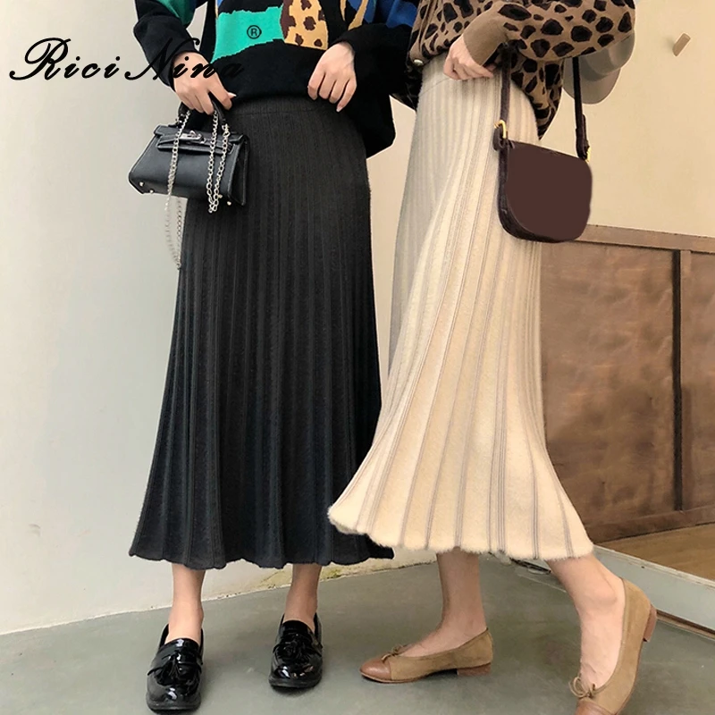 RICININA, осенняя Женская юбка, зимняя, теплая, Вельветовая, однотонная, плиссированная, Женская юбка с высокой талией, винтажная, макси, Jupe Femme Mi Longue