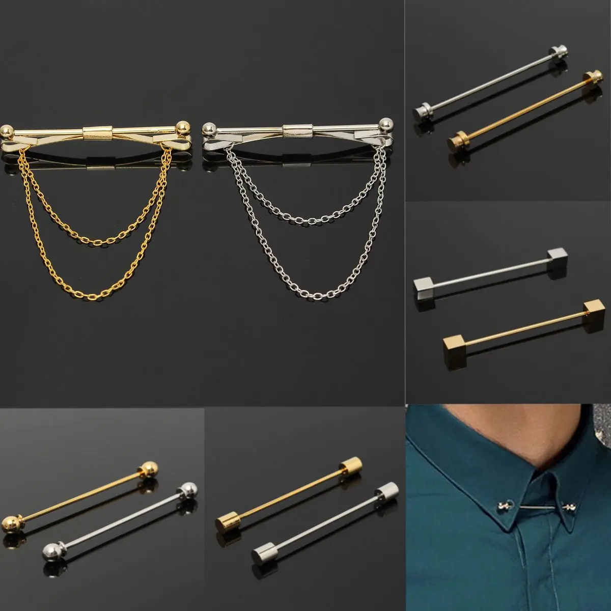 Men's Brass Collar Bar Pins Shirt Tie Necktie Pins Clip Clasp Lapel Stick Brooch Pin (12 Styles to Select)