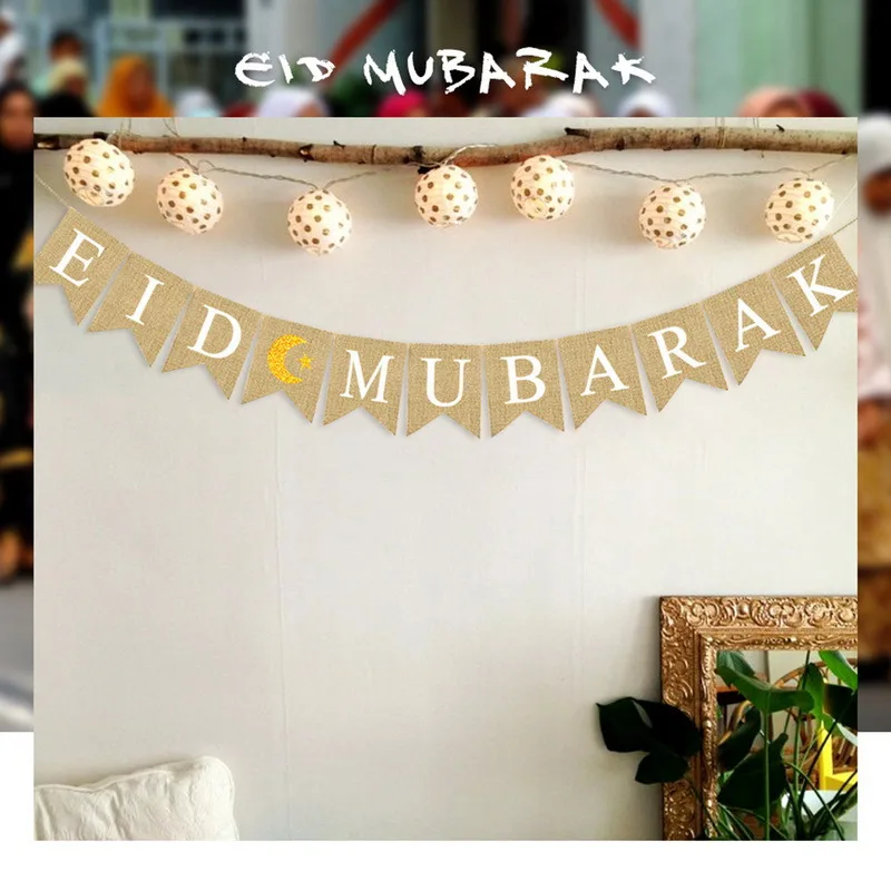 Eid Mubarak Banner Muslims Ramadan Mubarak Decorations Linen Hanging Flag with Ropes Islam Home Decors Party Supplies